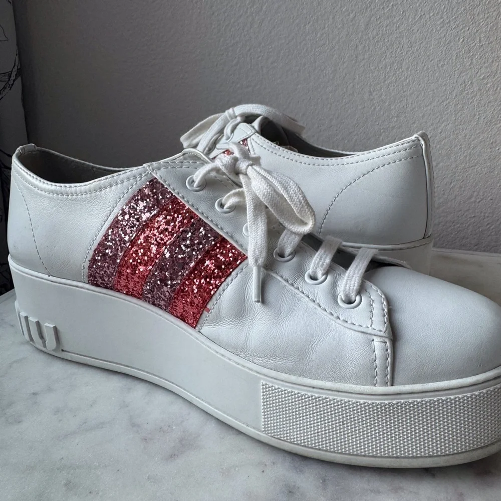 Miu Miu Crystals Glitter‎ White Leather Platform Sneakers Size 10